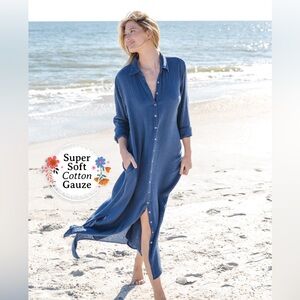 Natural Life navy cotton gauze button down dress L